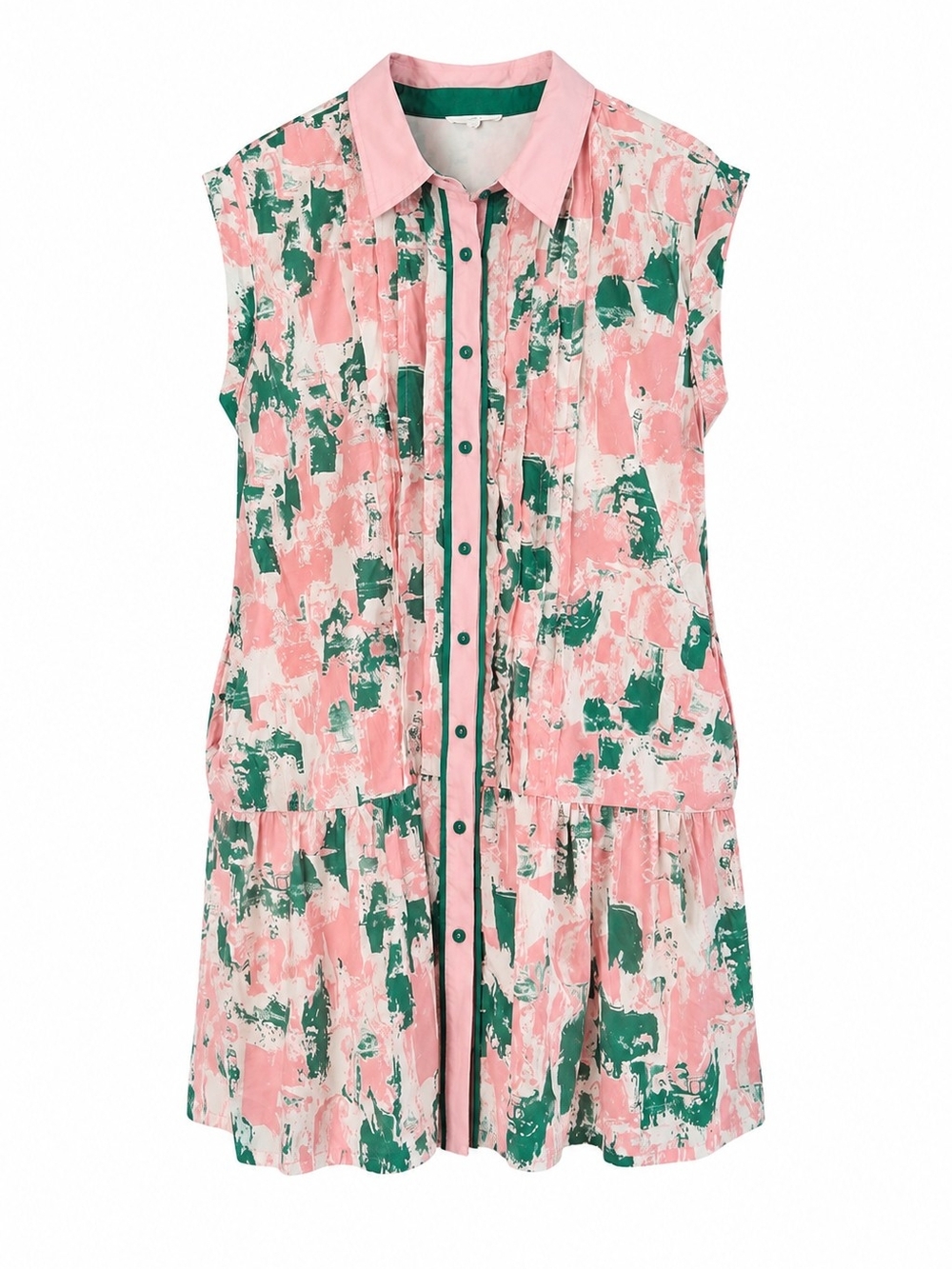Entro Pink Green Abstract Print Pintuck Button Front Mini Dress M Boho Preppy - Picture 2 of 12